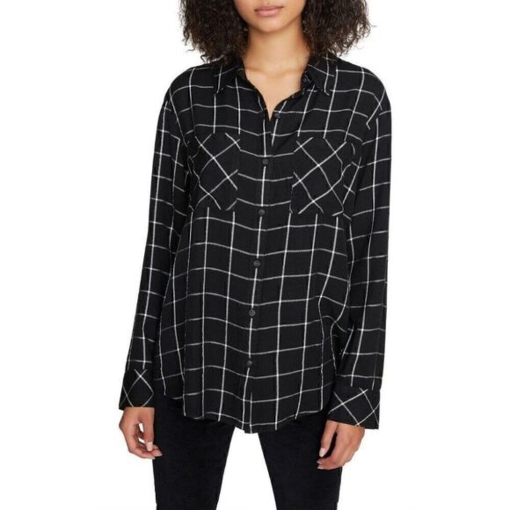 Sanctuary NEW Black/Gray Plaid Boyfriend Shirt Top